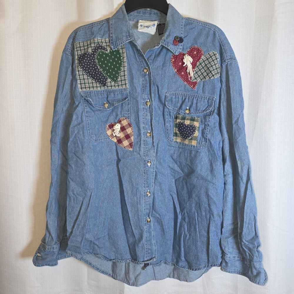 Vtg Lasha Women Denim Shirt Cotton Size Medium Button Up Embroidered Lace Hearts